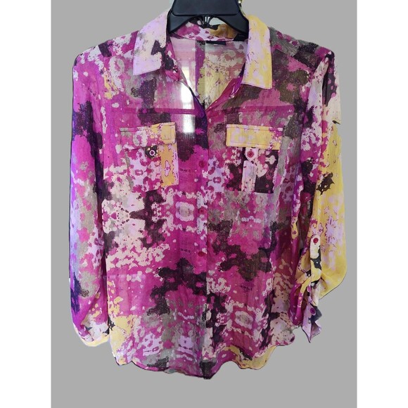 Westbound Magenta & Yellow Sheer Button Blouse - size M - Picture 1 of 3